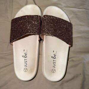 Just Be Glitter Slide Sandals in Rose Gold Glitter